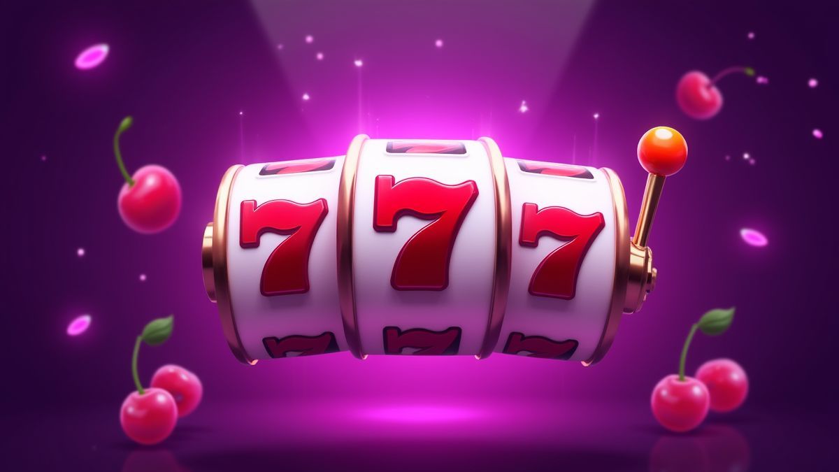 Paarse achtergrond met klassieke slot symbolen zoals kersen en het nummer 7.