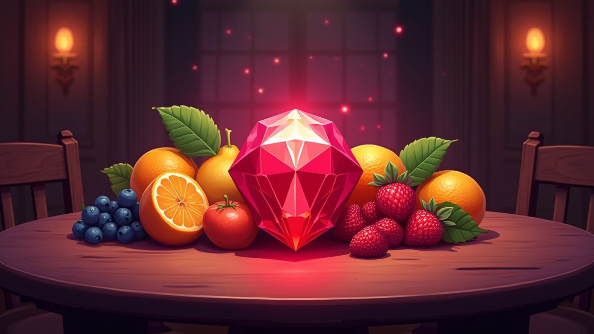 Mesa com símbolos de frutas clássicas e um rubi brilhante