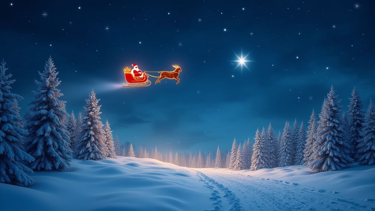 Paysage de Noël avec étoiles et le traîneau du Père Noël.