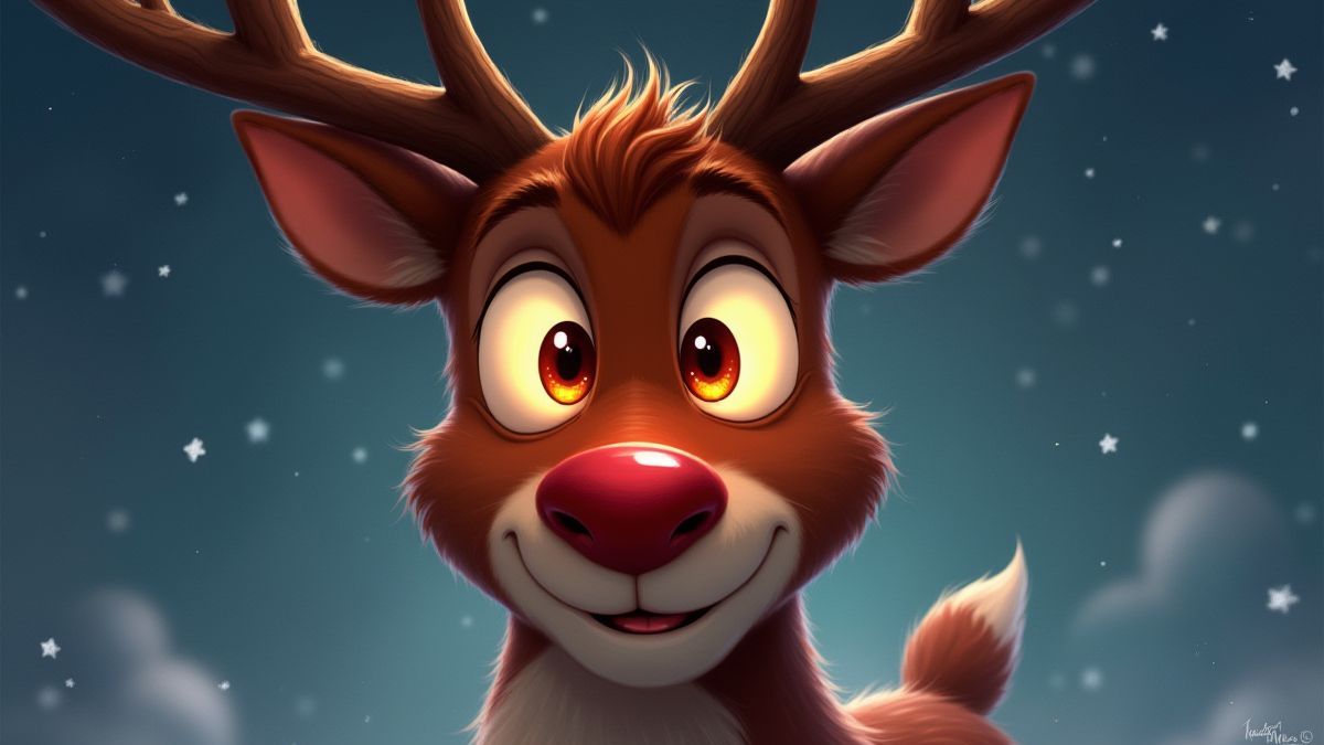 Rudolph avec un regard malicieux et un nez rouge.