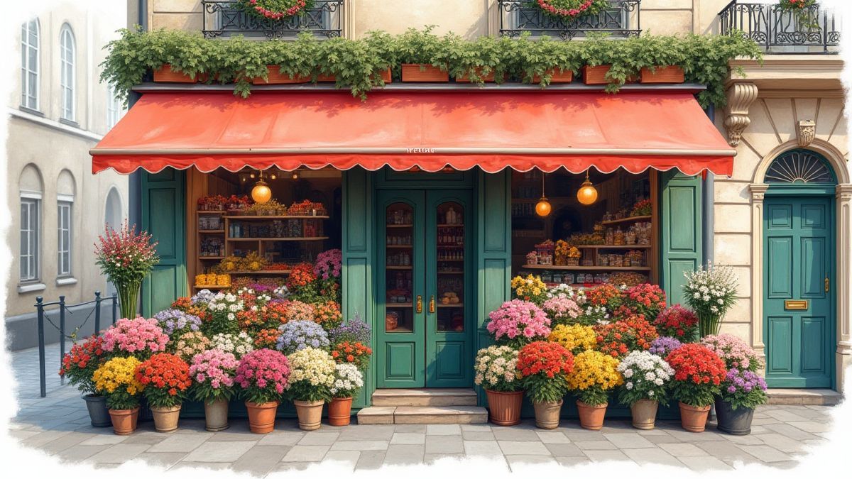 A Parisian flower shop with vibrant bouquets.