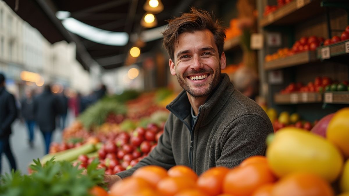 A smiling vendor at a Parisian market offering fruits and vegetables.