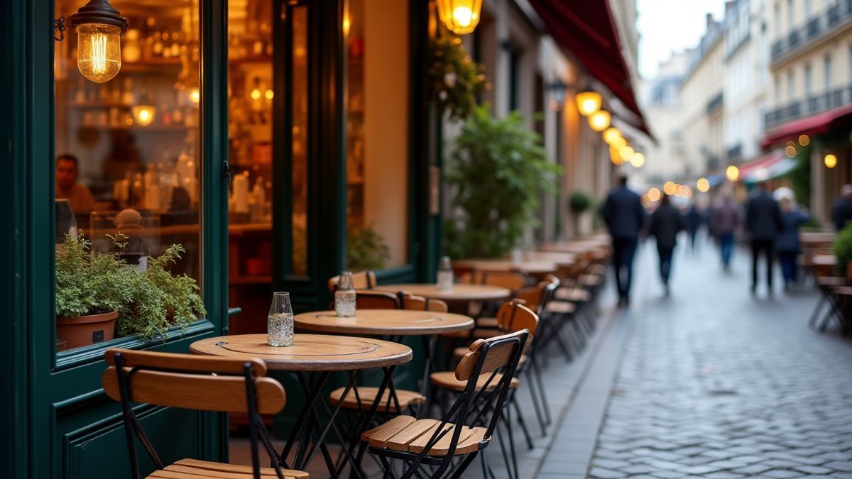 A cozy Parisian café scene with tables and chairs on a cobblestone street.