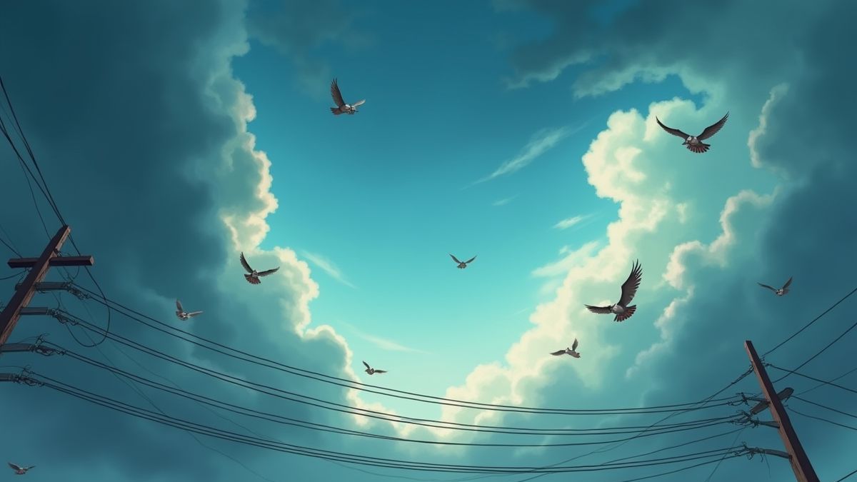 Stürmischer Himmel mit animierten Vögeln, die sich von elektrischen Drähten entfernen.