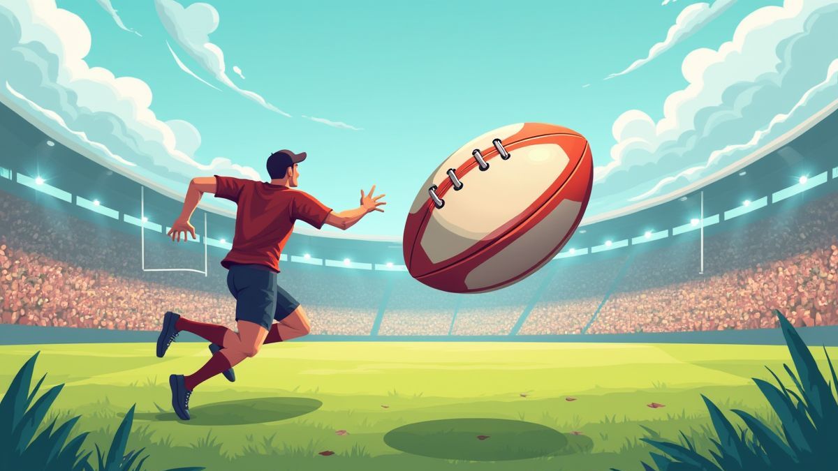 Bild eines Rugbyballs, der während eines Spiels durch die Luft fliegt.