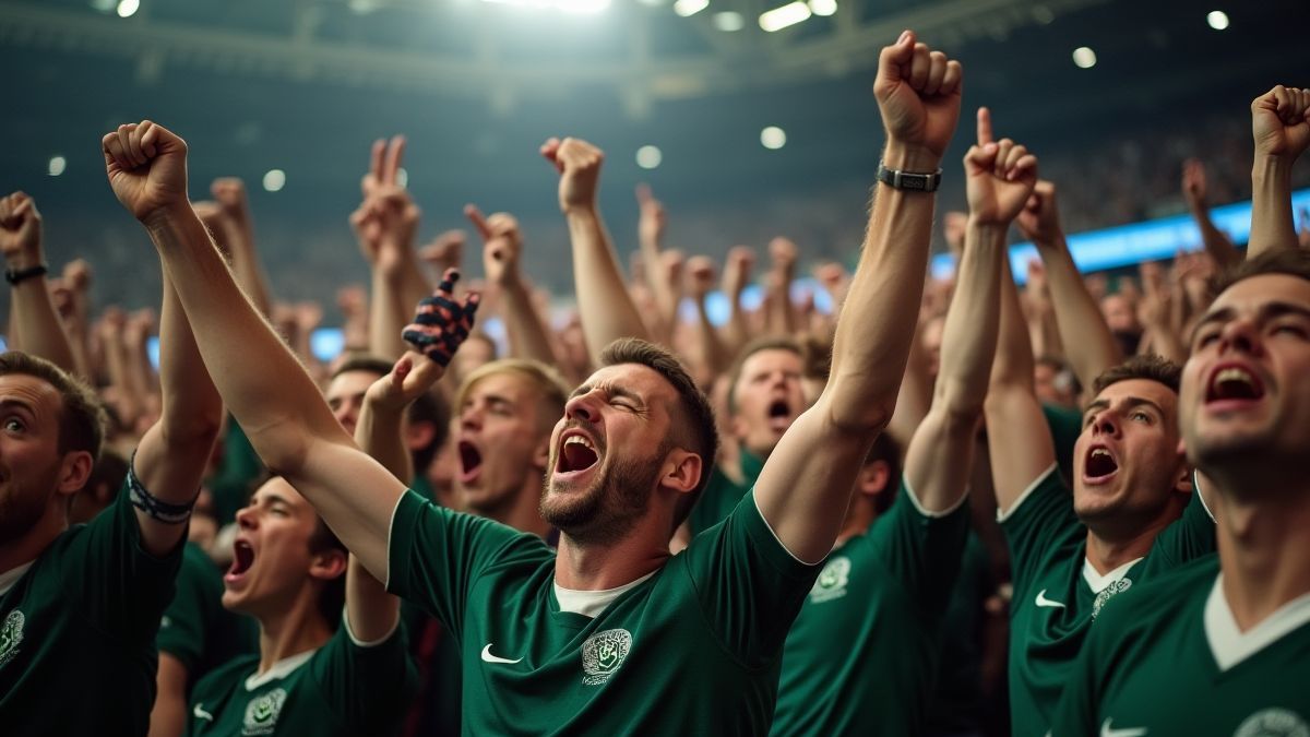 Bild einer jubelnden Menge von Rugby-Fans in einem Stadion.