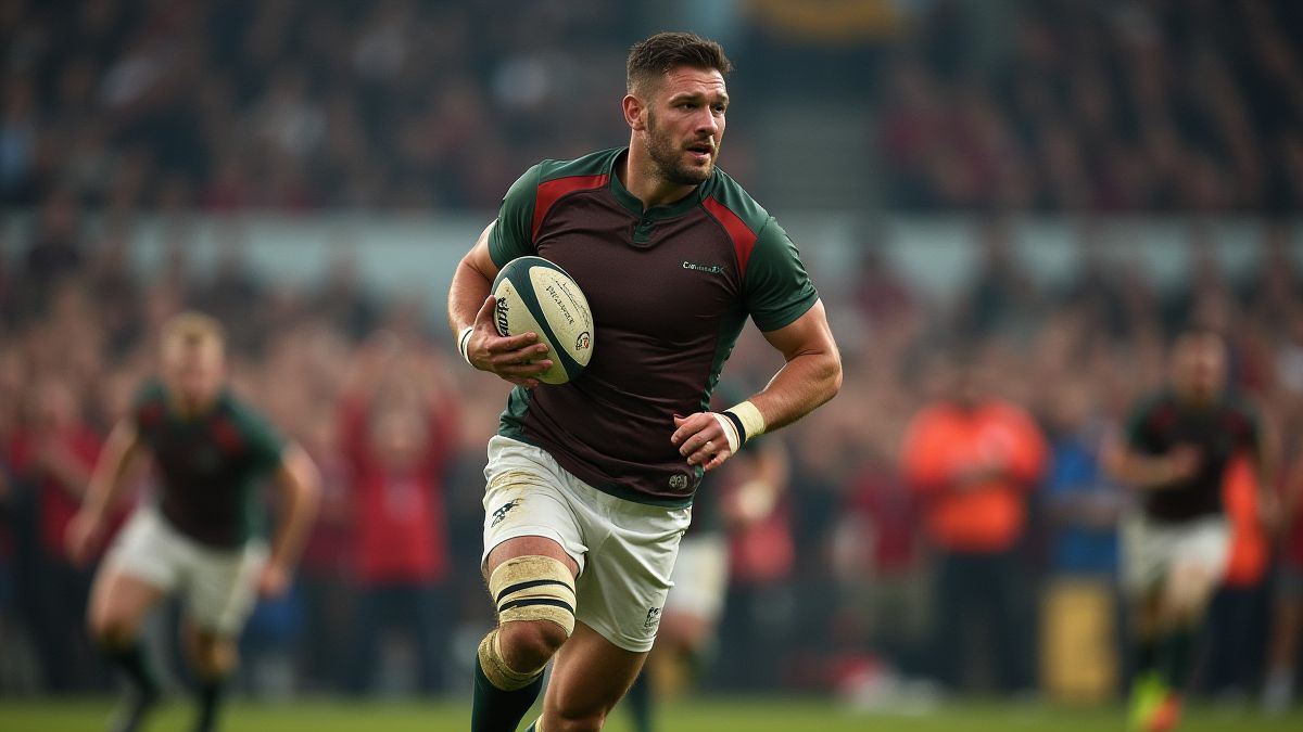 Jogador de rugby em ação com a bola e público animando.