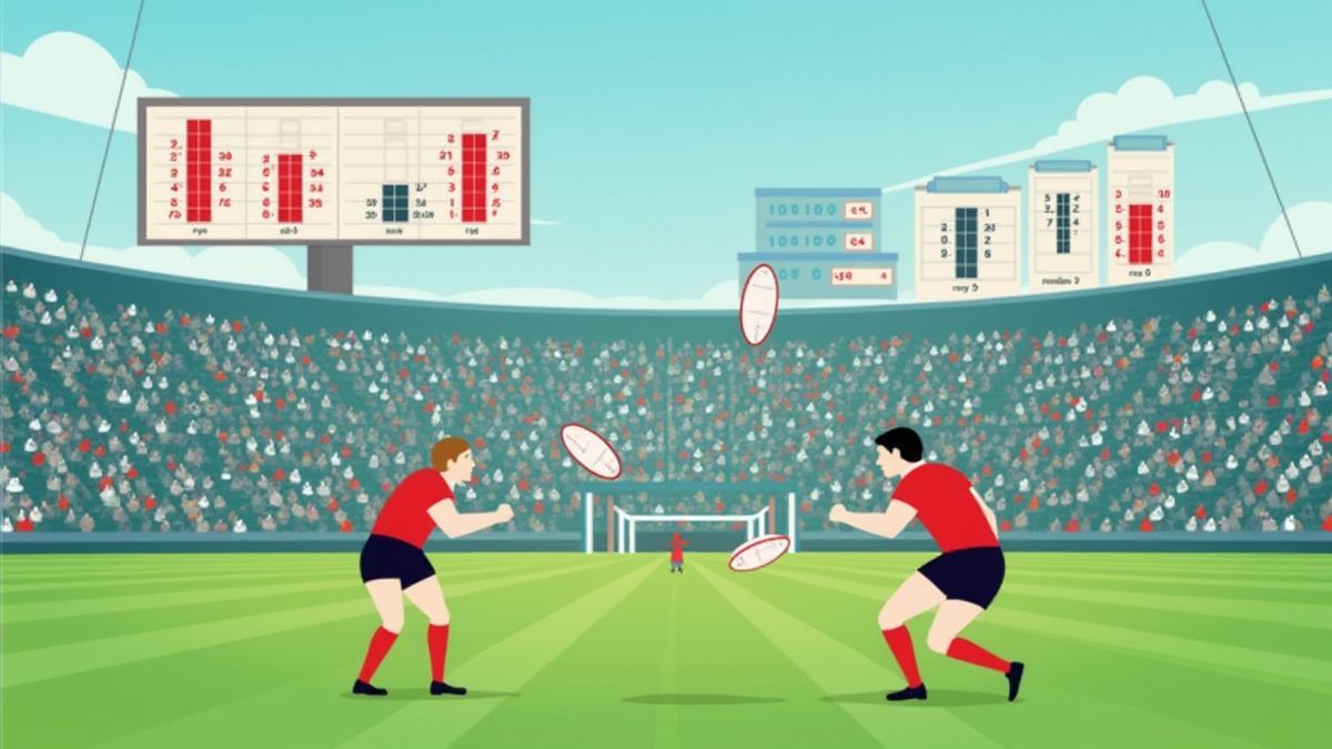 Marcador mostrando multiplicadores crescentes em um partido de rugby.