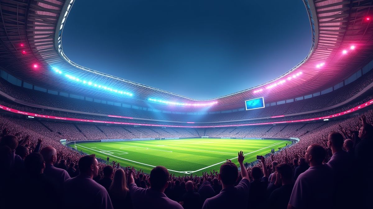 Estádio de rugby com luzes vibrantes e fãs animando.