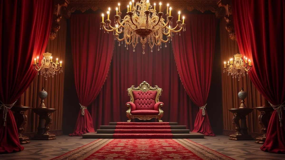 Una sala del trono real con cortinas de terciopelo y candelabros.