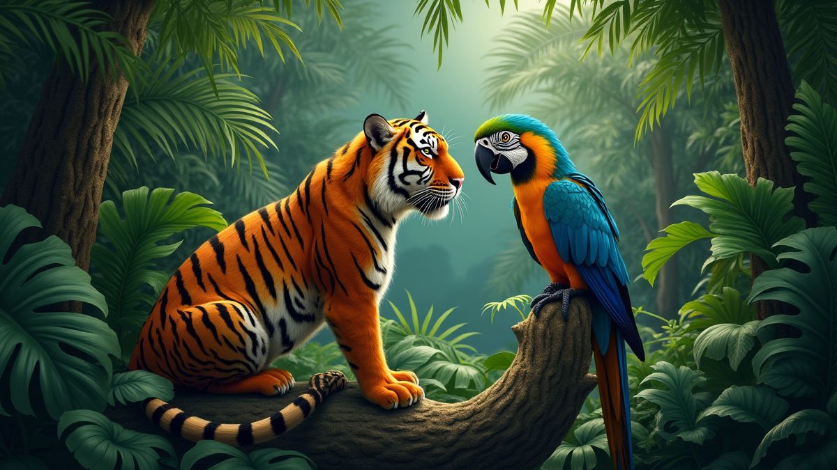 Uma cena de jungla com um tigre e um papagaio entre plantas tropicais.