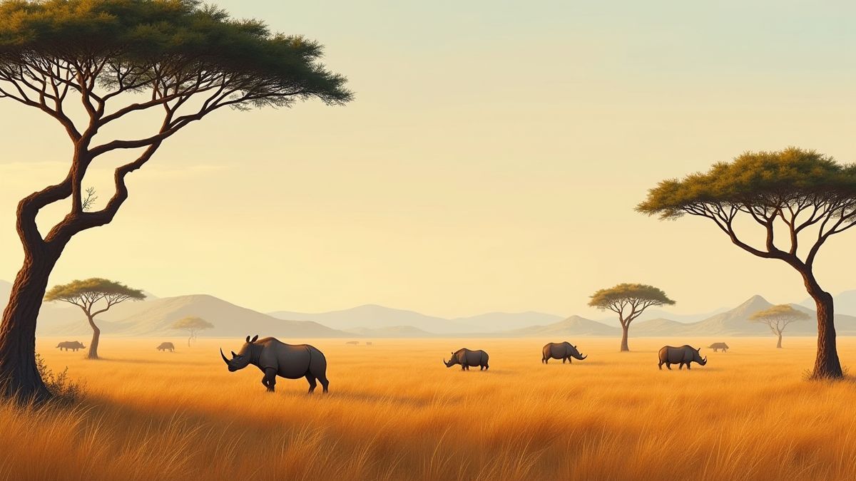 Paisaje de la sabana africana con árboles de acacia y rinocerontes.