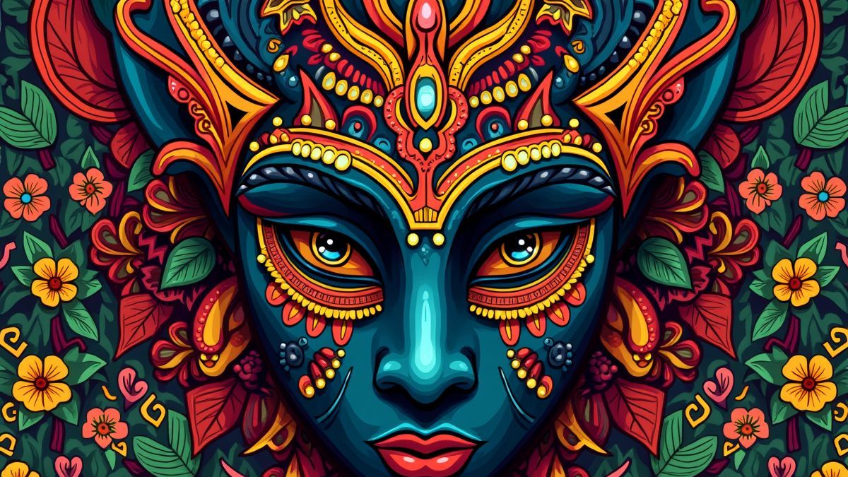 Máscara tribal africana con colores vibrantes.