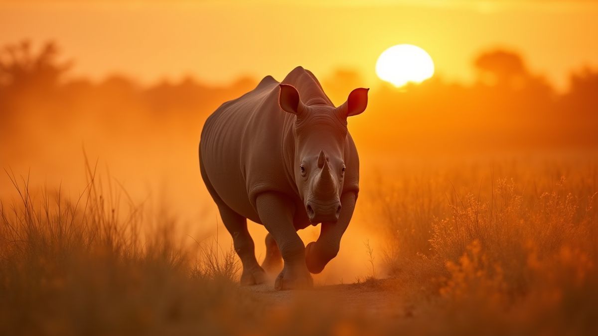 Un rinoceronte corriendo por la sabana bajo el atardecer.