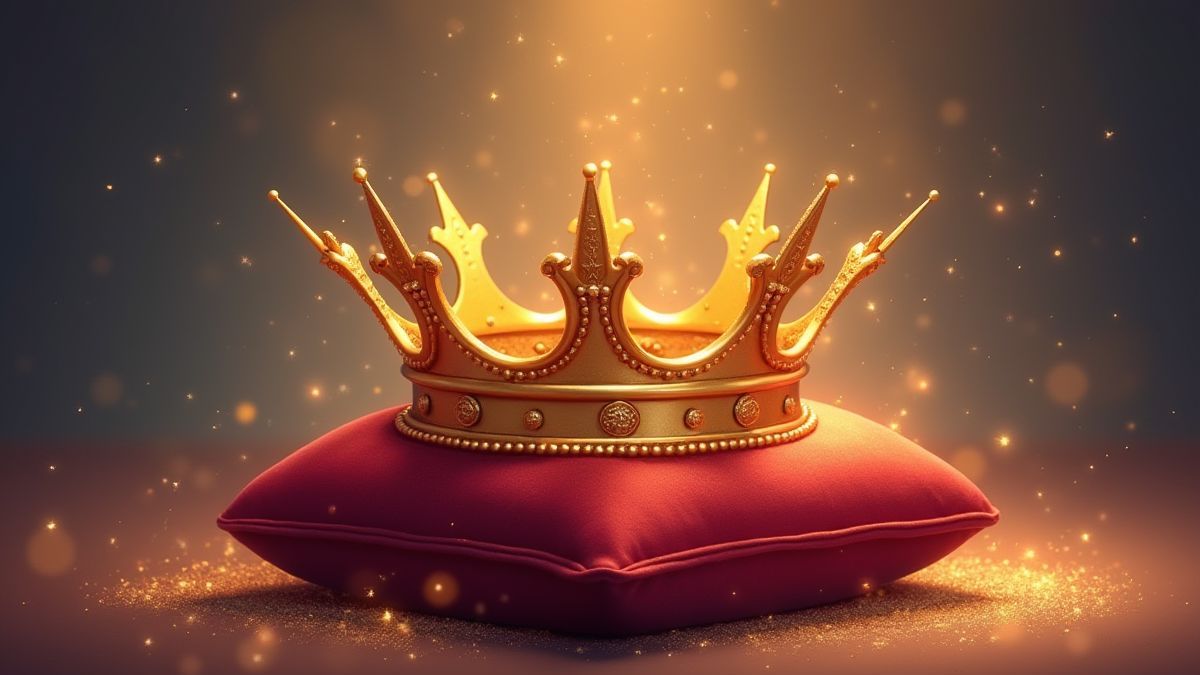Een gouden kroon op een rode kussen met magisch stof