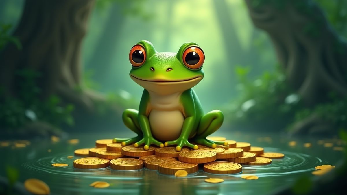 Een groene kikker op gouden munten in een magisch moeras