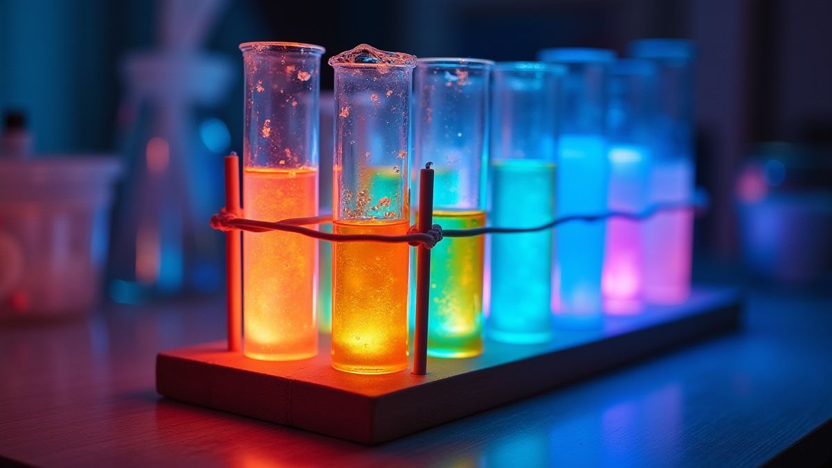 Tubos de ensayo llenos de líquidos brillantes en un laboratorio.