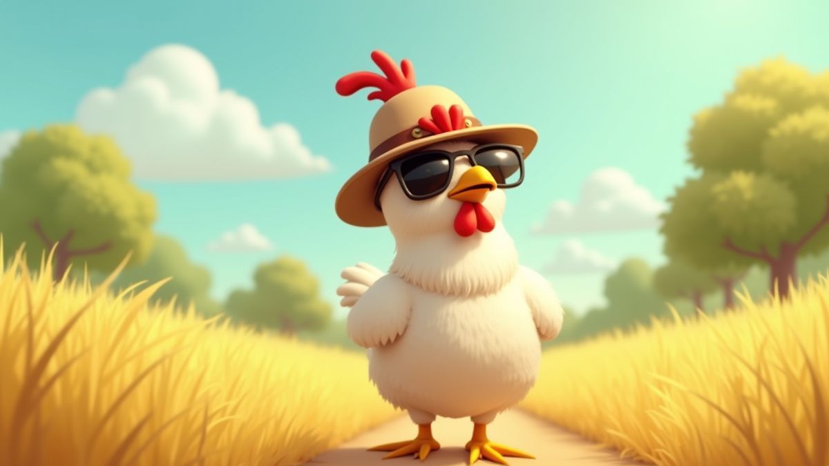Cartoon chicken with sunglasses and hat in a sunny field
