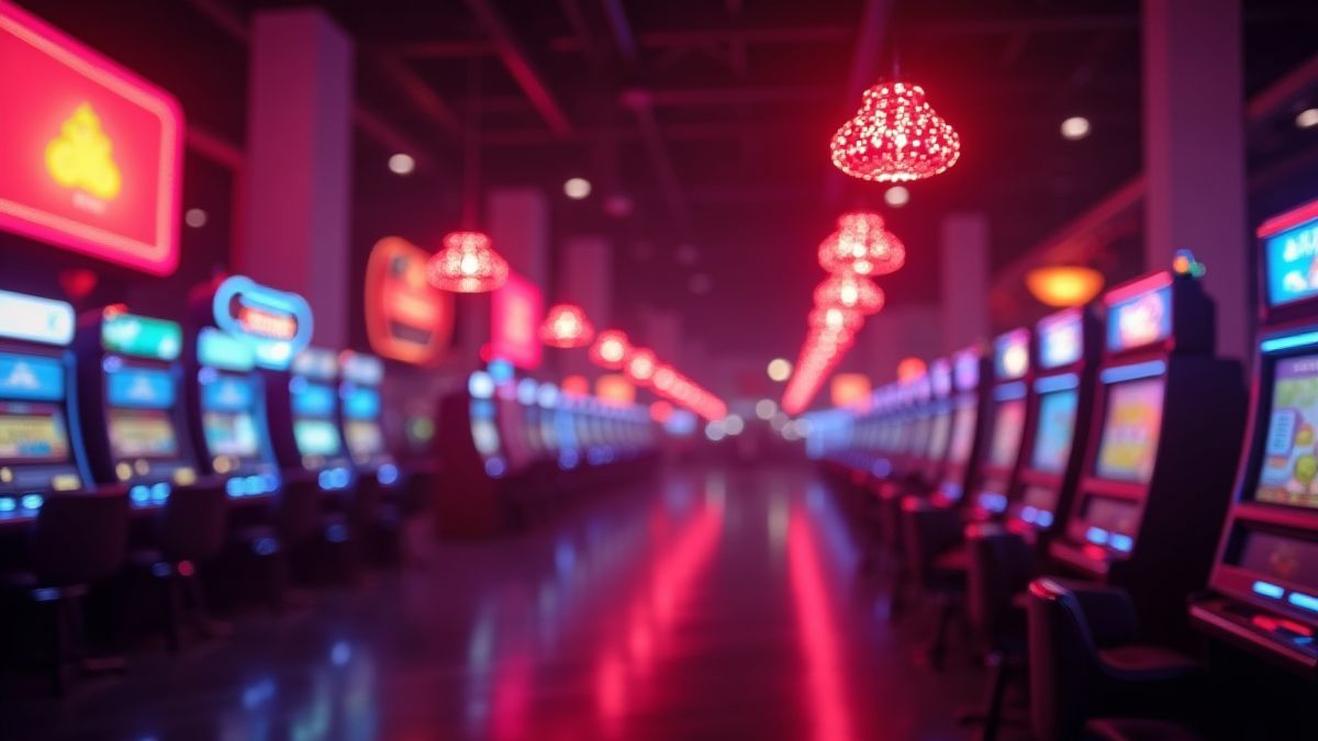 Un casino iluminado con símbolos de frutas resplandeciendo en el aire.