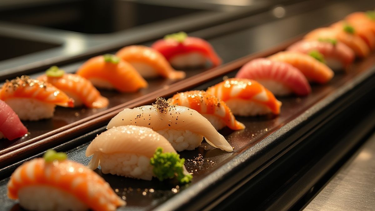 Conveyor belt with colorful sushi dishes.