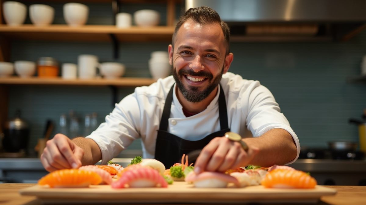Sushi chef preparing vibrant dishes with a smile.