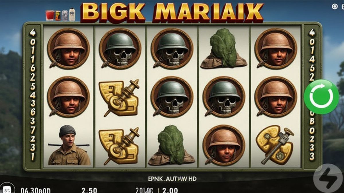 Slot machine screen with military symbols like helmets and tanks