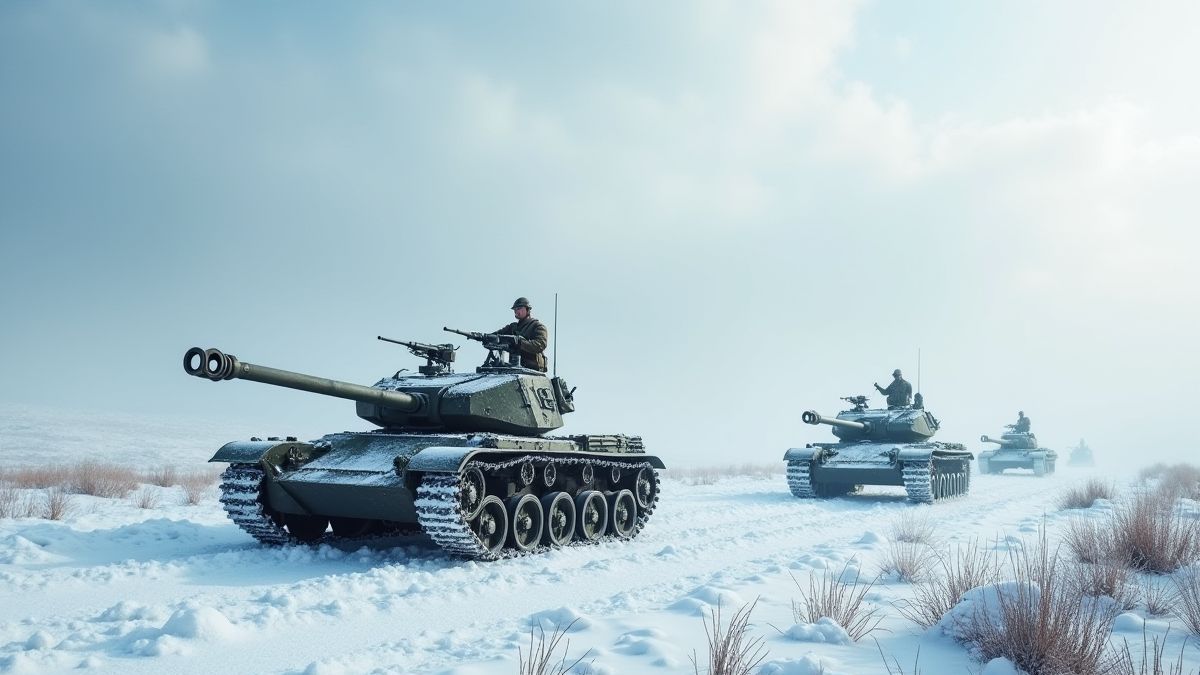 Snowy battlefield with tanks and soldiers