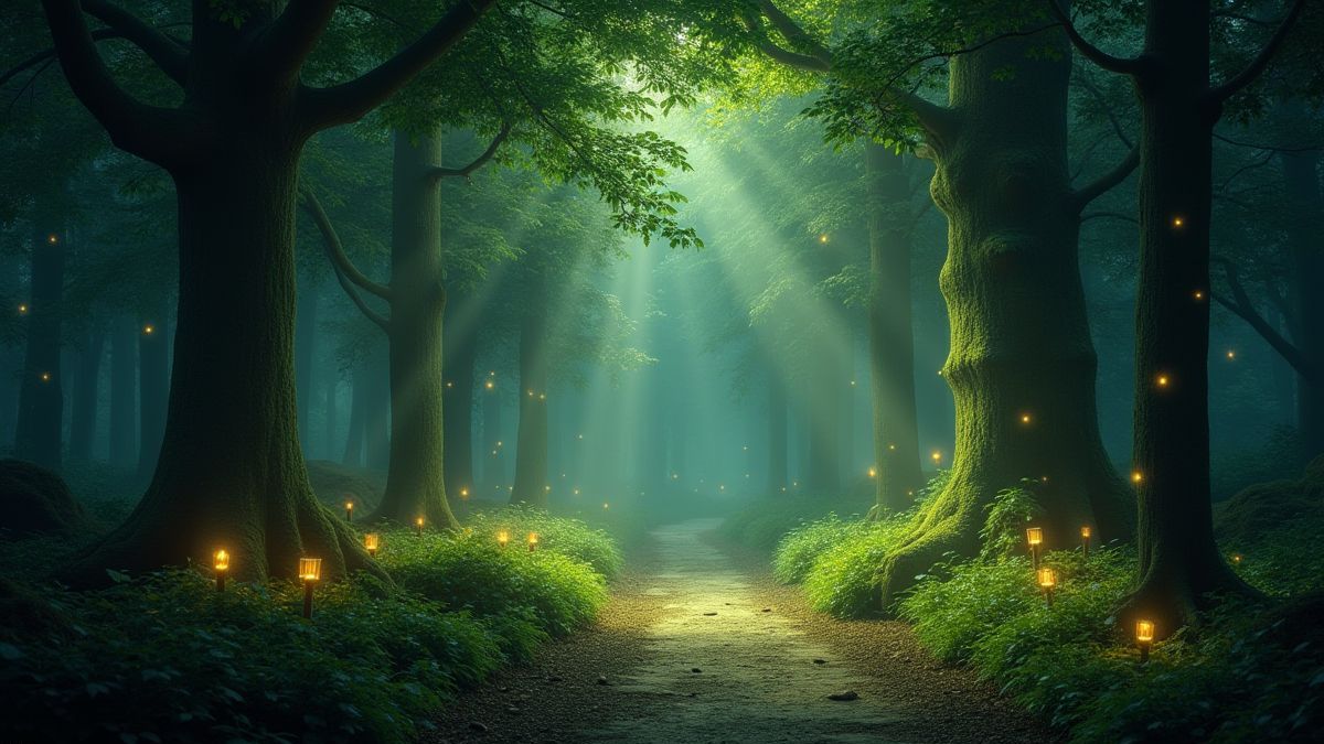 A Celtic forest filled with bright lights and magical creatures.