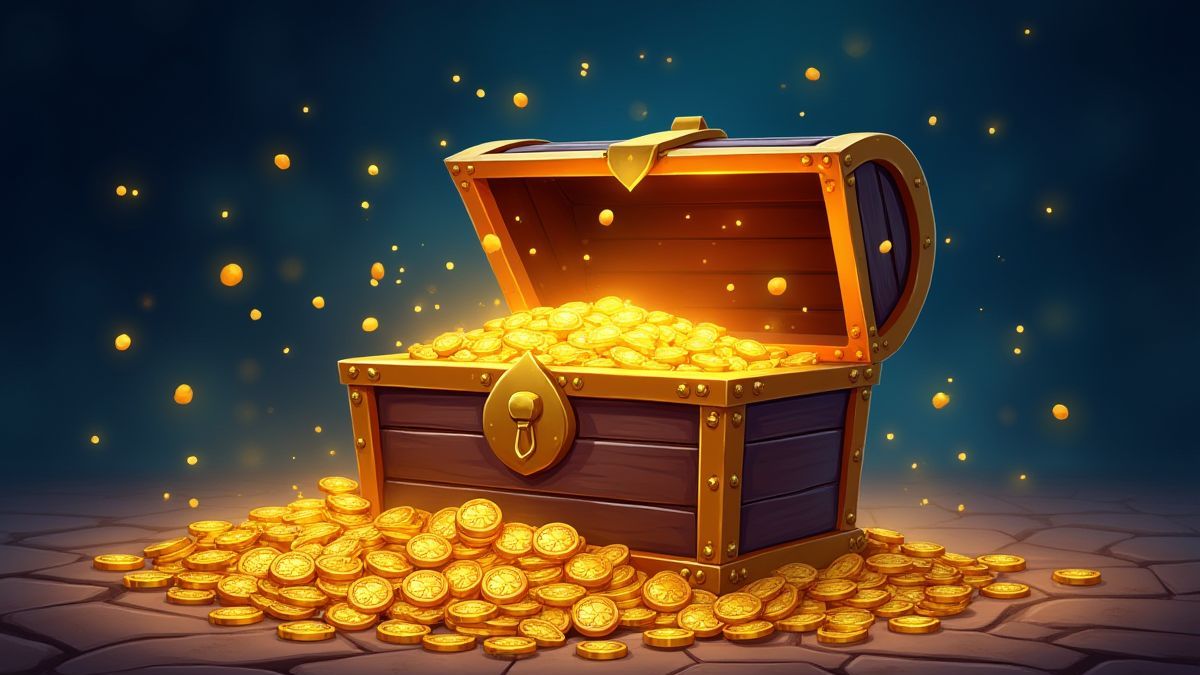 A treasure chest surrounded by bright gold coins and fairy dust.