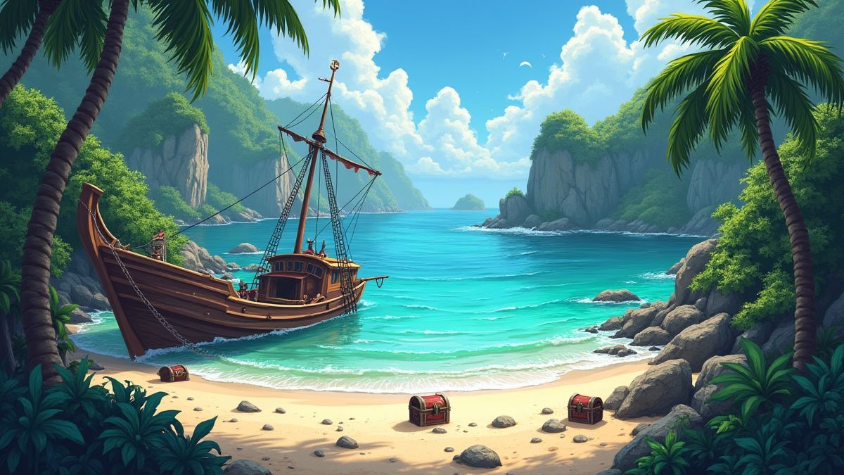 Una isla tropical con restos de naufragio y cofres del tesoro.