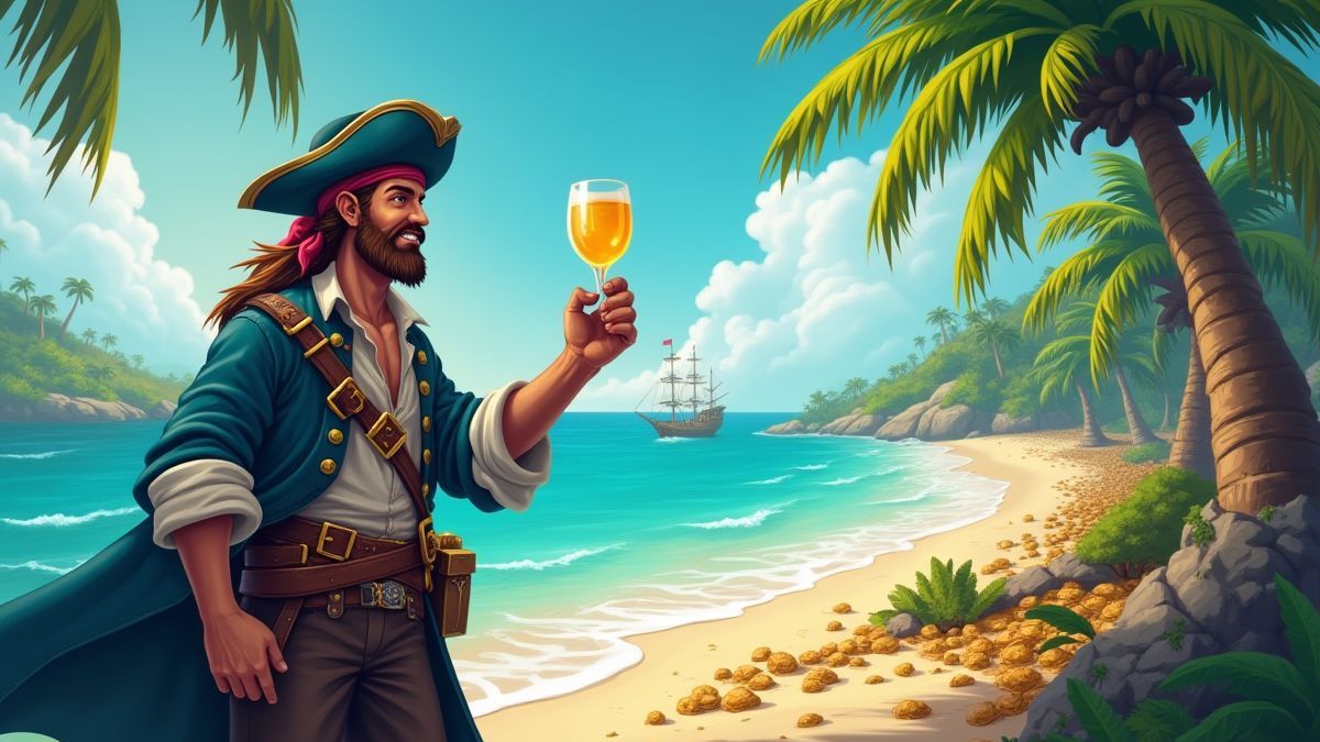Un pirata aventurero buscando tesoros en una isla tropical.