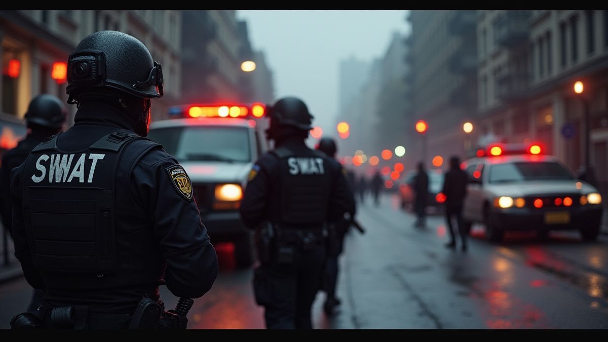 Städtische Szene mit SWAT-Fahrzeugen und blinkenden Lichtern.
