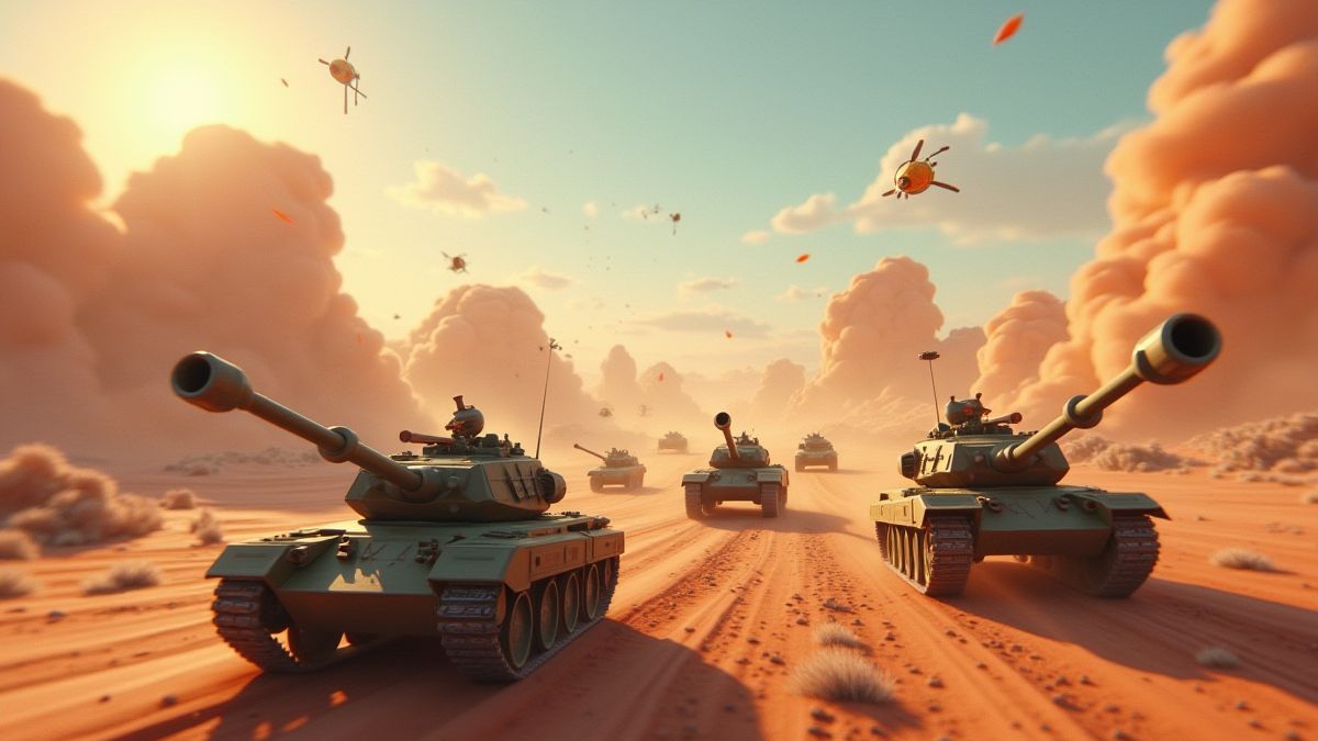 Um campo de batalha futurista com tanques e granadas animadas estilo Pixar.