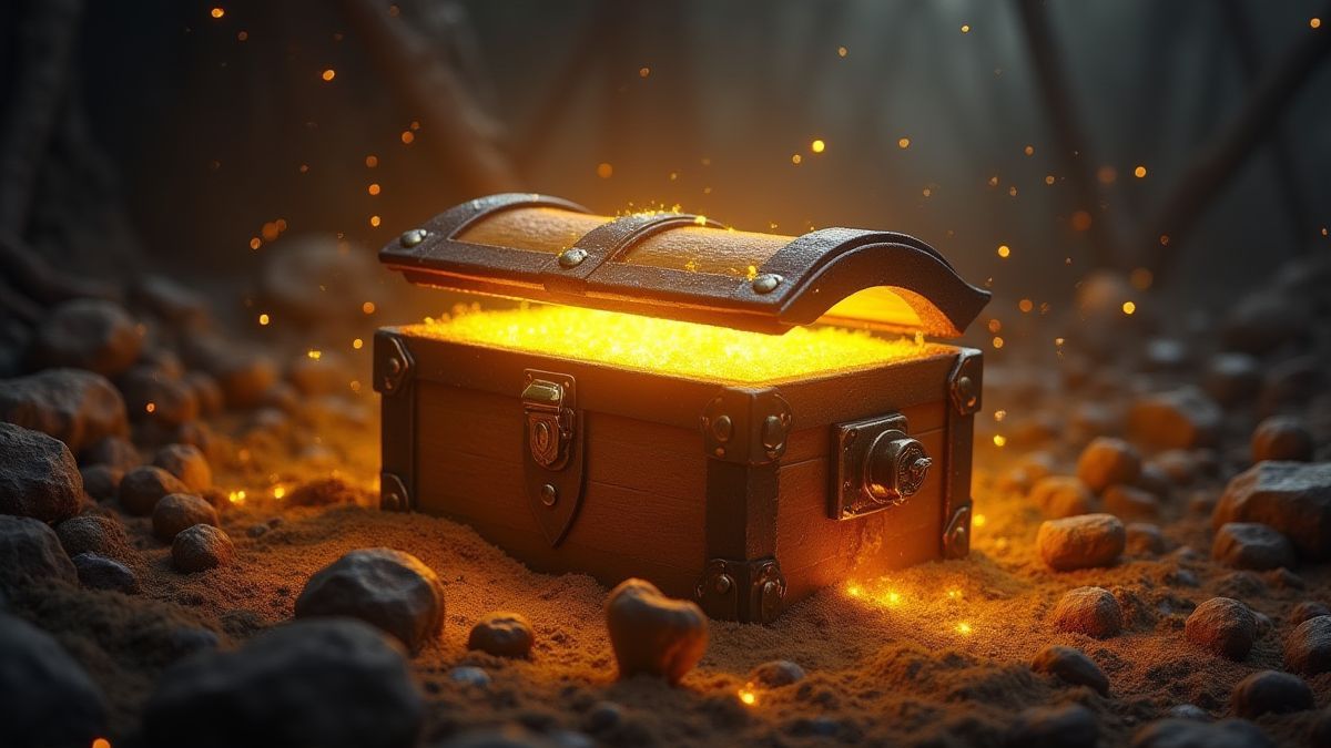 Um baú do tesouro brilhante cercado por luz dourada em um campo de batalha escuro.