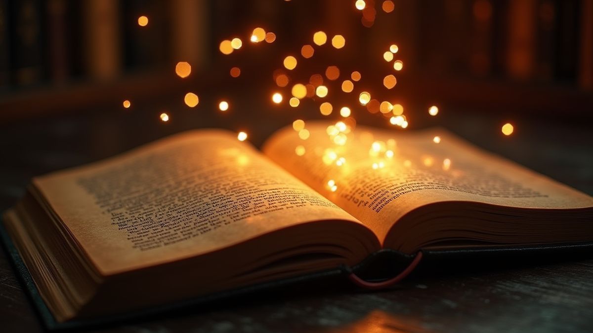 Un libro brillante con runas flotantes en una biblioteca mágica.