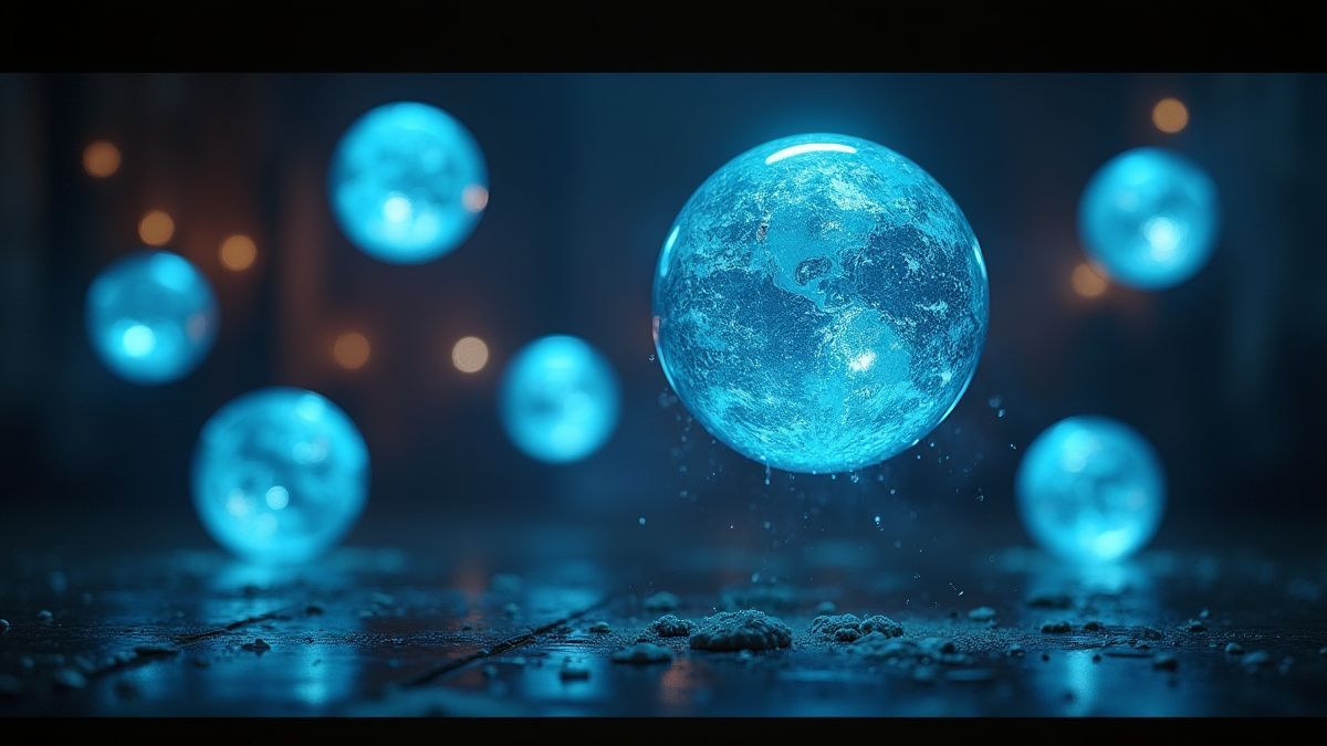 Globos mágicos flotantes con efectos de luz brillante en una habitación encantada.