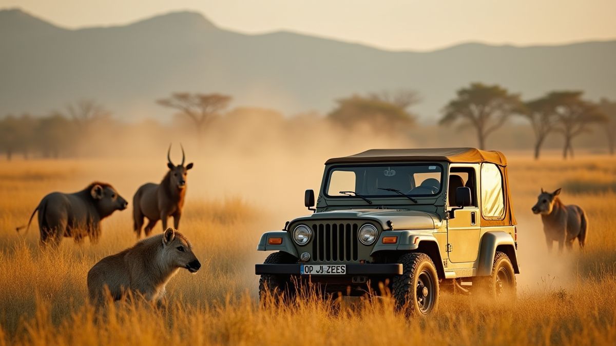 Um jeep percorrendo a savana africana rodeado de animais selvagens.