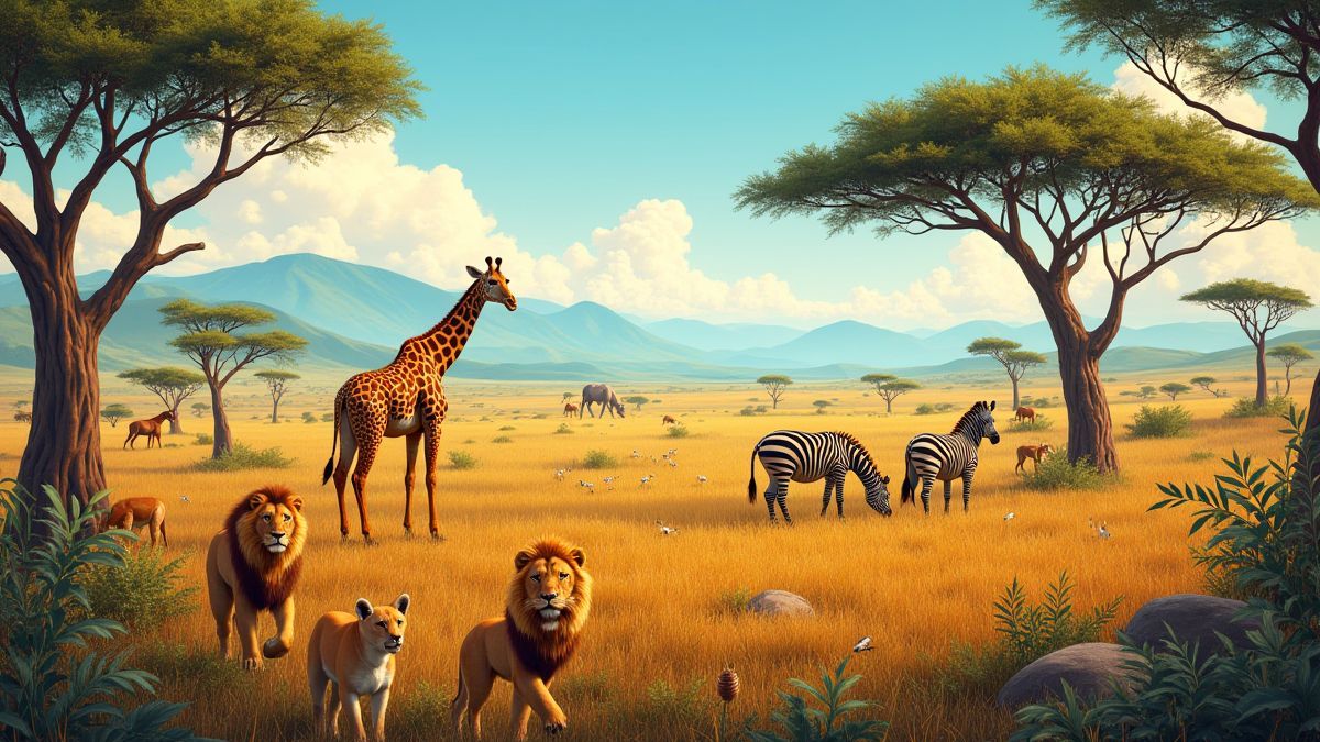 De Afrikaanse savanne met levendige dieren zoals leeuwen, giraffen en zebra's.