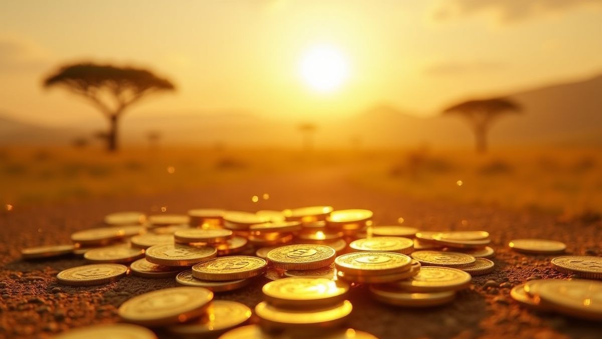 Gouden munten verspreid over een landschap van de Afrikaanse savanne, die prijzen symboliseren.
