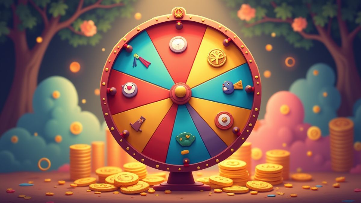 Una rueda giratoria con colores vivos e iconos de animales representando premios.