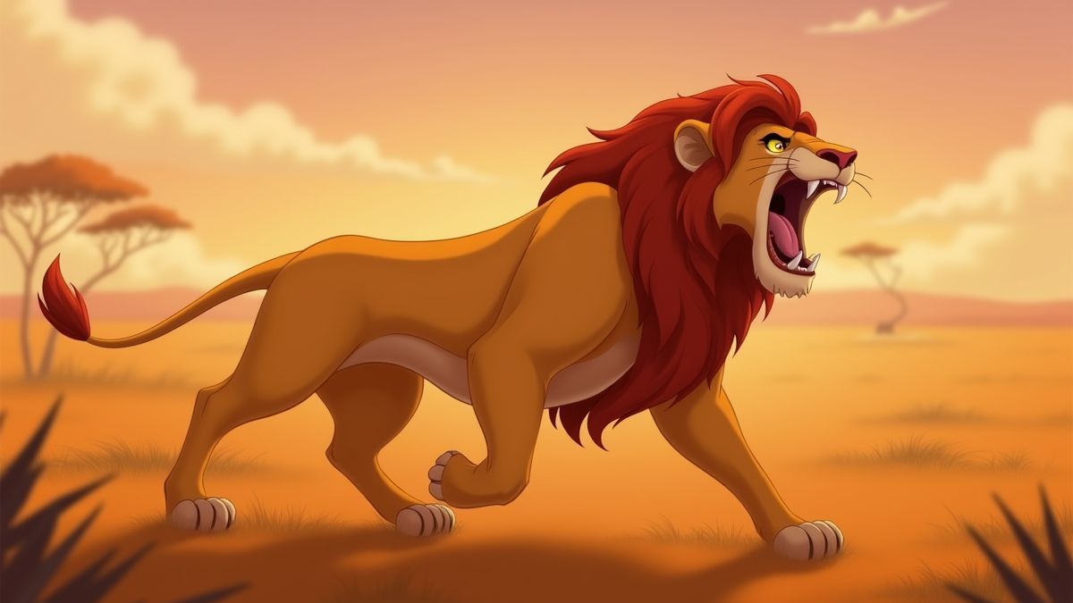 Lion roaring in the African savanna.