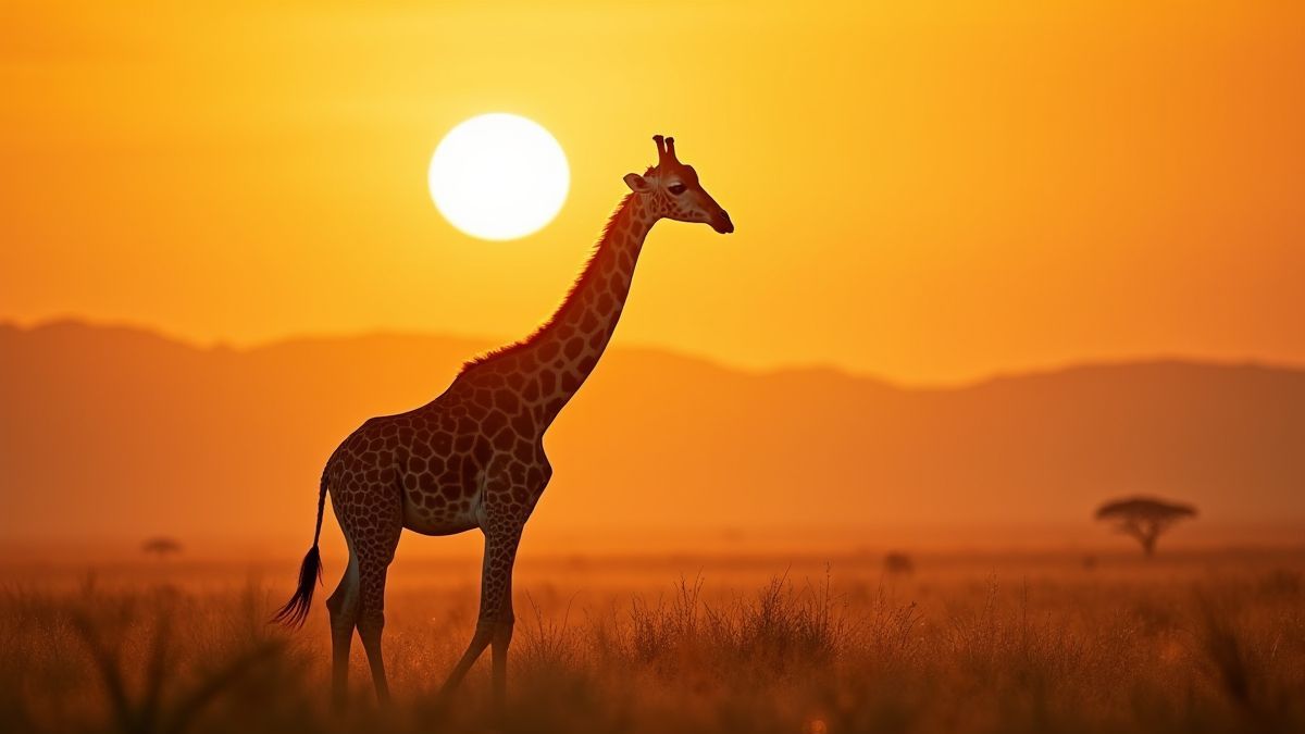 Giraffe walking through the savanna during sunrise.