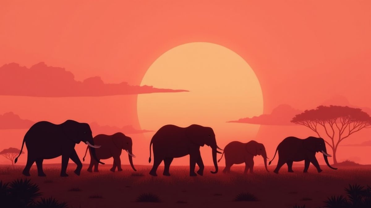 Herd of elephants walking through the savanna under a pink sunset.