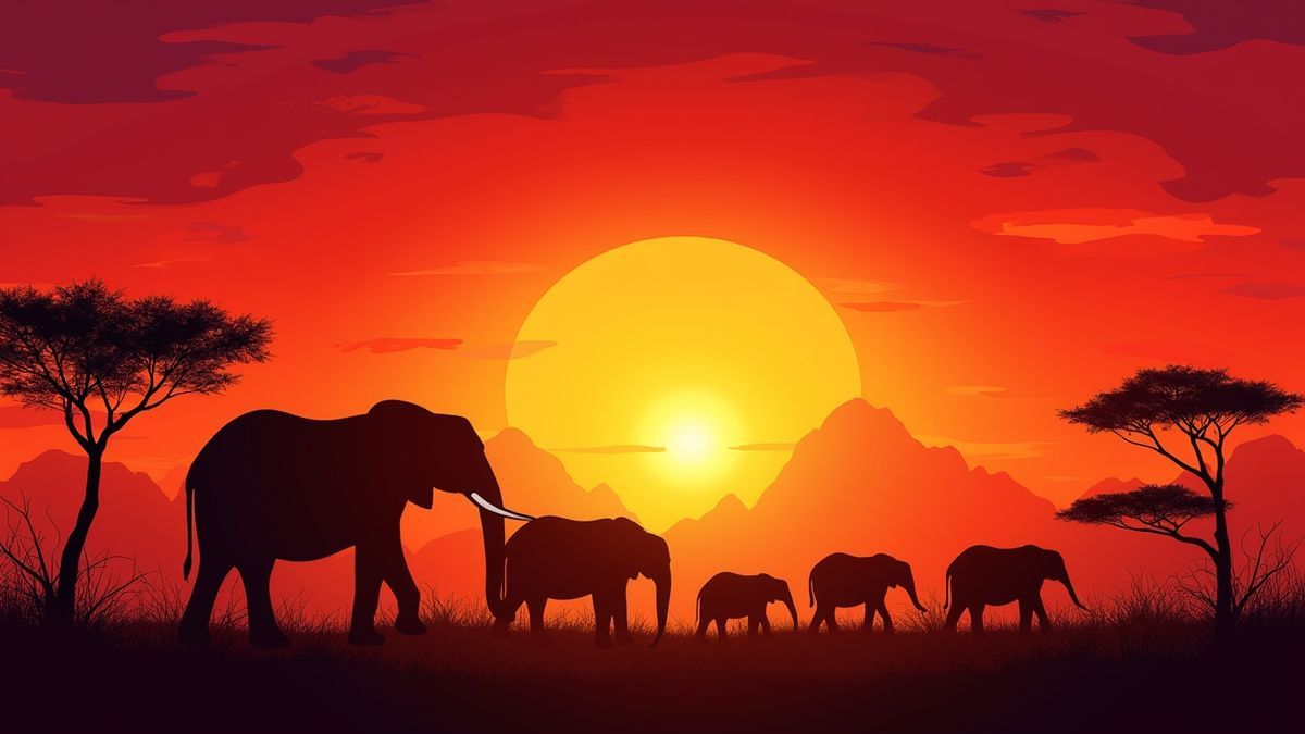 Un atardecer africano con elefantes y árboles de acacia.