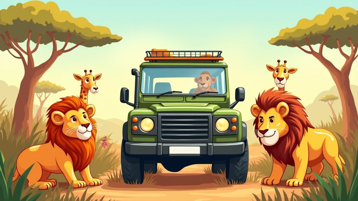 Un jeep colorido rodeado por animales en un safari africano.