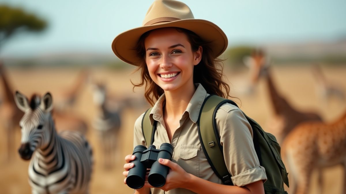 Un guía alegre rodeado de animales en un safari africano.