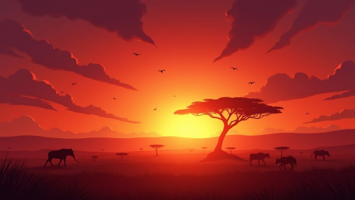 Un atardecer africano con símbolos scatter brillando en el cielo.