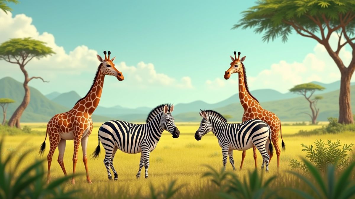 Zebras und Giraffen in einer afrikanischen Savanne.