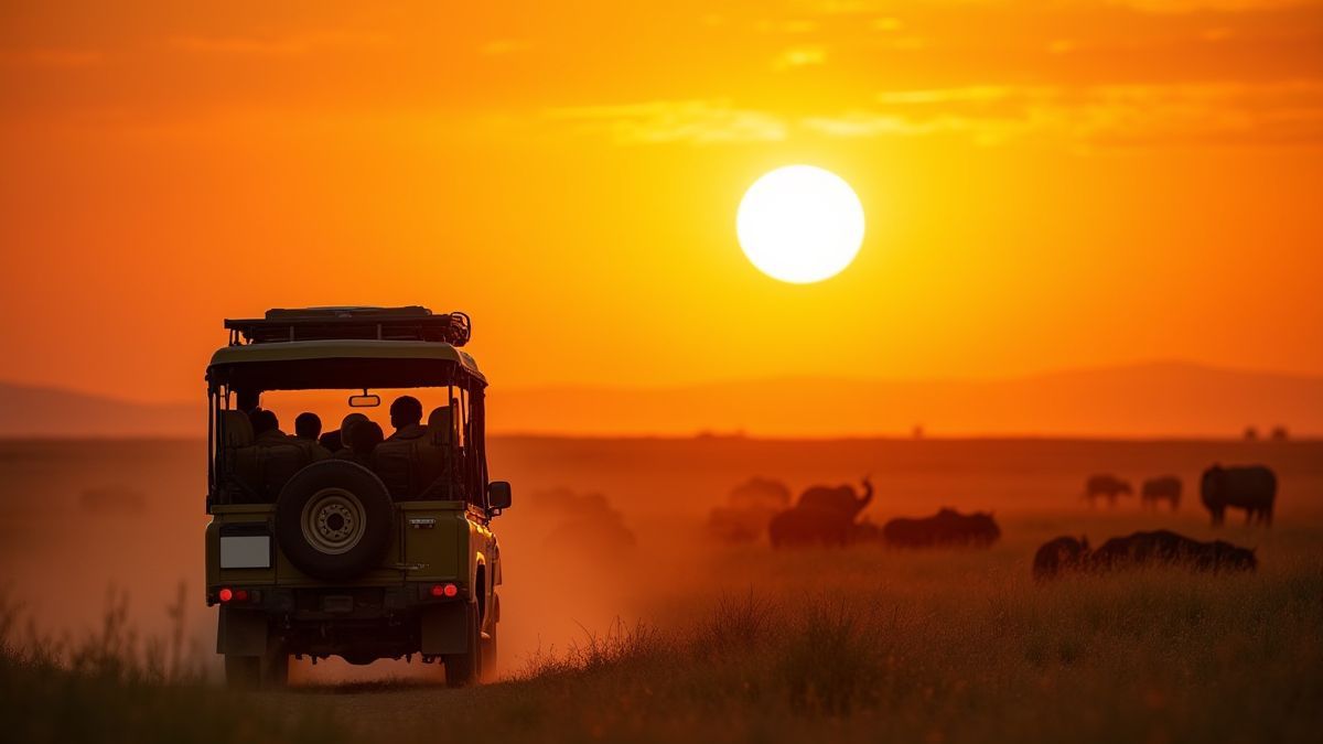 Jeep von Safari fährt durch die Savanne bei Sonnenuntergang.