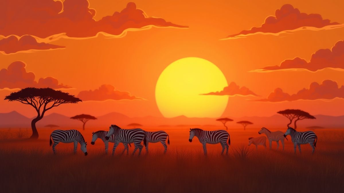 Cebras pastando en la sabana africana al atardecer.